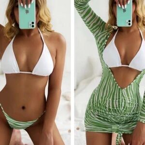 Green and White Women's Bikini Set with Cover-Up